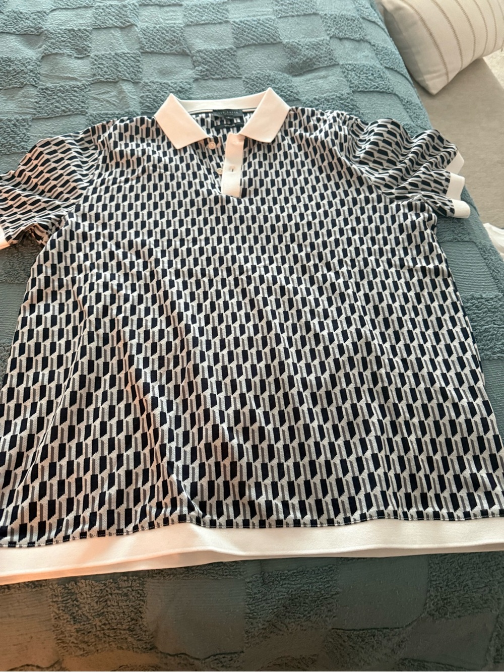 Ted Baker Men’s Navy and White Geometric Knit Polo- NWOT - Picture 2 of 8
